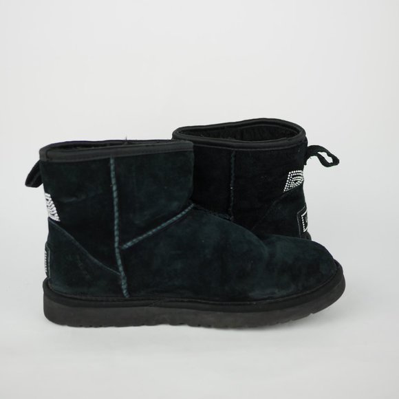 UGG Australia Women's 7 Black Leather Boots Short Ankle Fleece Crystal Studded - Picture 8 of 11